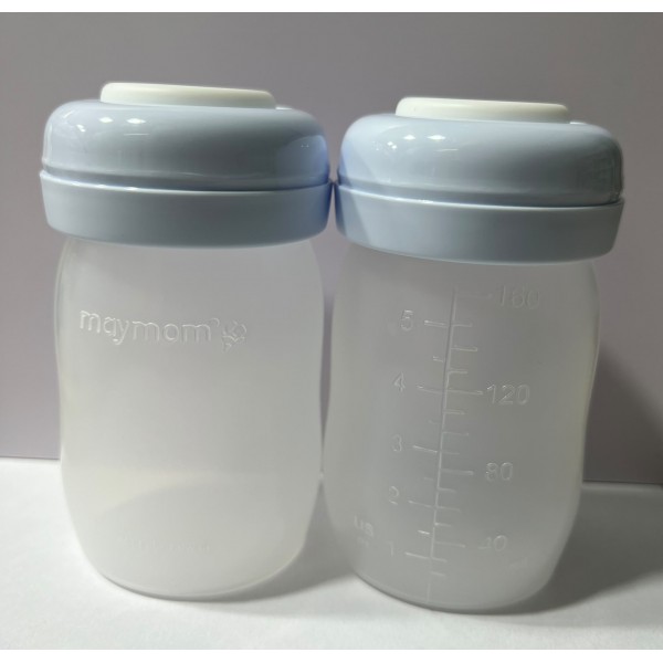 Maymom 闊口 寬口徑 PP 儲奶瓶 160ml / 5.4oz (2個裝) 附防漏墊片 + 空心螺旋蓋 (粉藍色蓋)