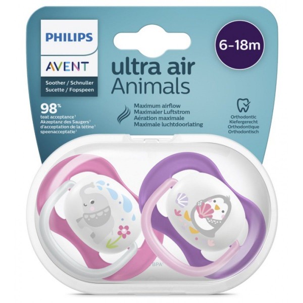 【香港行貨】Philips Avent  Urtra Air透氣型 動物安撫奶嘴(2個裝) 6-18M (附微波消毒盒)