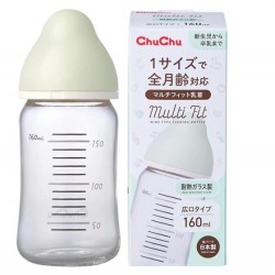 日本CHUCHU Multi Fit 闊口徑 耐熱玻璃奶瓶-160ml (連矽膠十字奶咀)