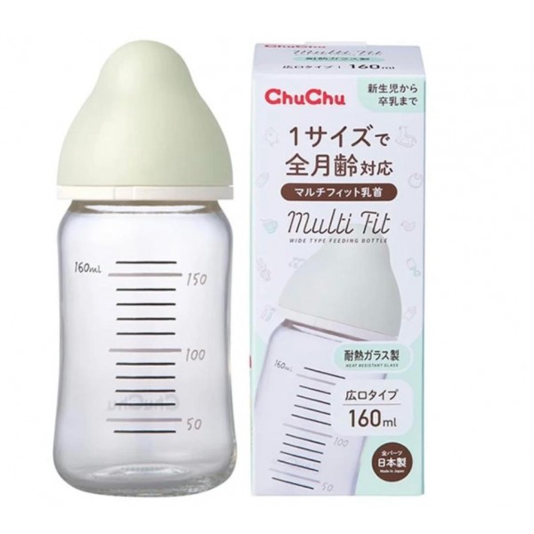 日本CHUCHU Multi Fit 闊口徑 耐熱玻璃奶瓶-160ml (連矽膠十字奶咀)