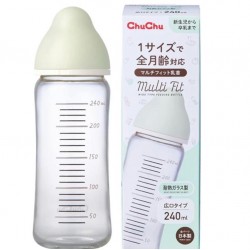 日本CHUCHU Multi Fit 闊口徑 耐熱玻璃奶瓶-240ml (連矽膠十字奶咀)