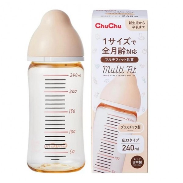 日本CHUCHU Multi Fit 闊口徑 PPSU奶瓶-240ml (連矽膠十字奶咀)